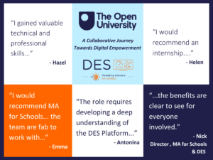 This image is a quote from each intern. It includes The Open University & DES by Marketing Advisers logo.